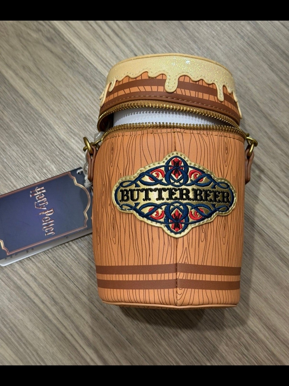 Loungefly Butterbeer Crossbody Bag in Tan and Gold